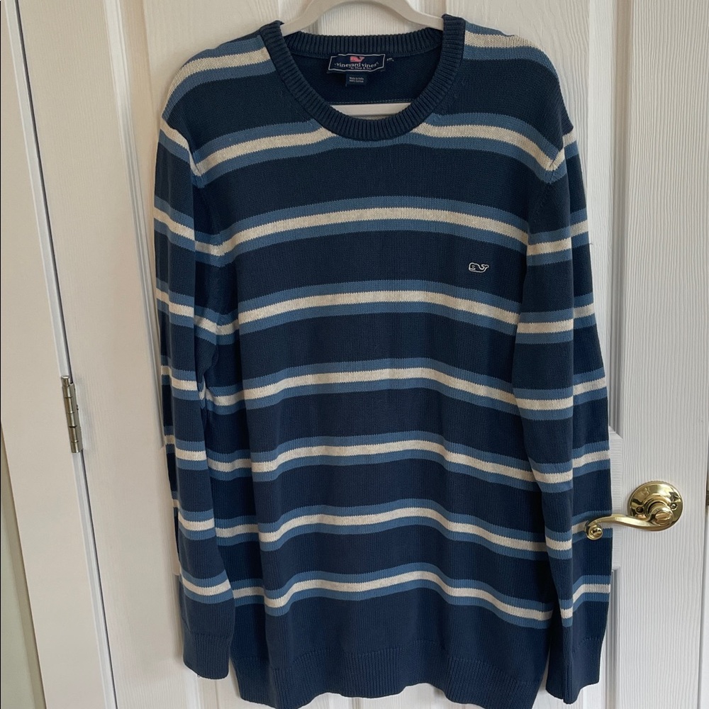 Vineyard Vines Navy and Cream Striped Crewneck Sweater
